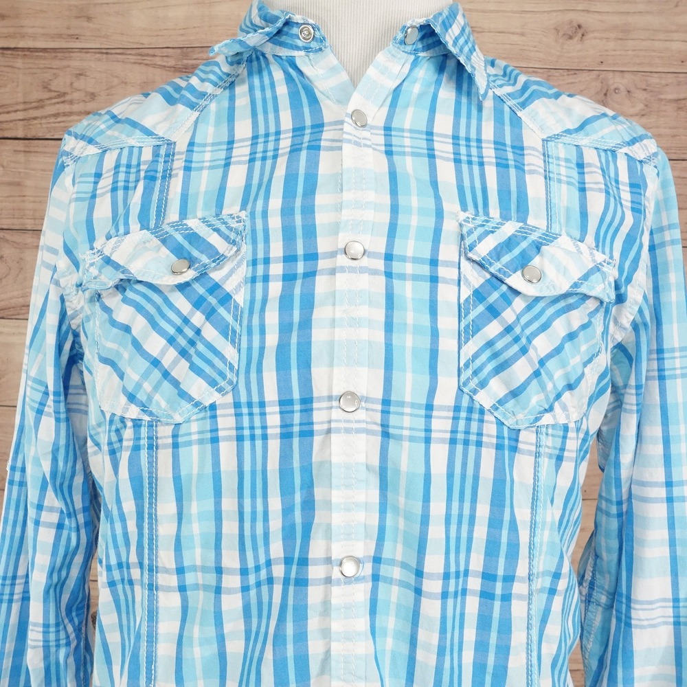 INC International Concepts Pearl Snap Shirt Mens L Blue Plaid Good Western